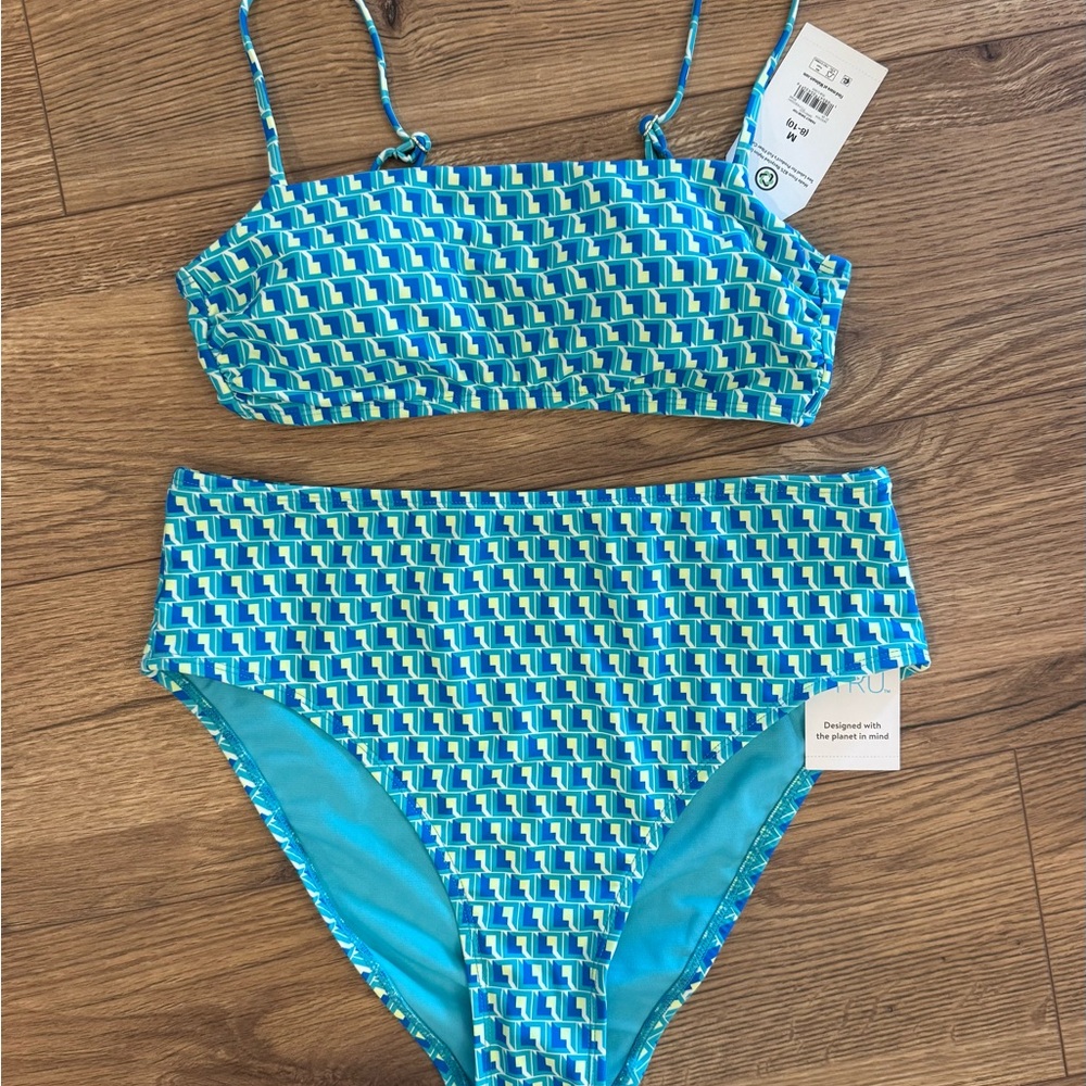 No Boundaries Swimsuit 2 Piece M Top L Bottom NEW NWT Blue Geometric Bikini